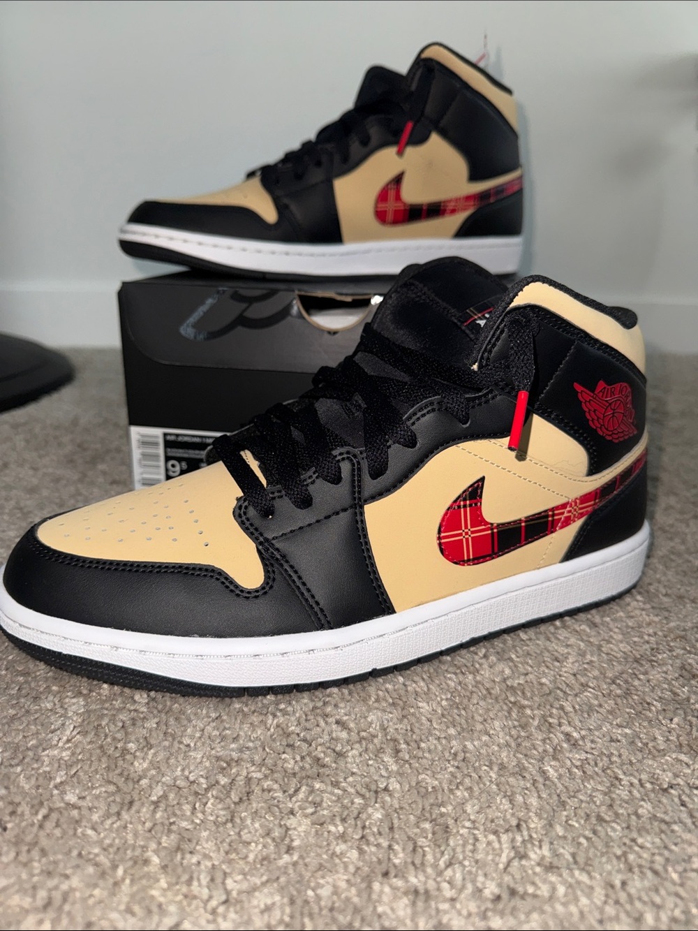 Men's Jordan 1 Mid SE Black and Beige High-Top Plaid Accent Sneakers